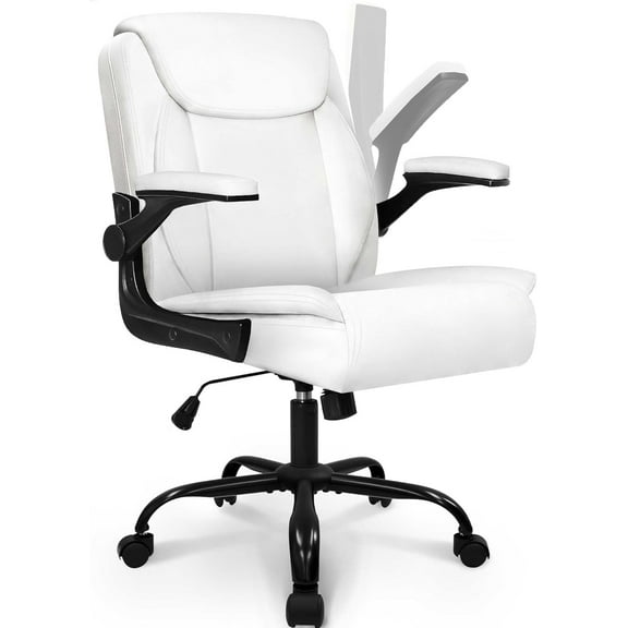 HYJY Office Desk Chair Executive Computer Ergonomic PU Leather Mid-Back Gaming Chair with Wheels Adjustable Flip-up Armrest Swivel for Home, Bedroom, Study (White)