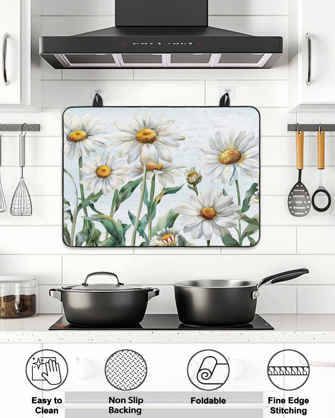Stove Top Covers for Electric Stove, Spring Floral Glass Stovetop Cover Protector, Watercolor Summer Botanical White Daisy Induction Cooktop Protector Oven Mat for Kitchen Countertop 24"x21"
