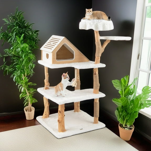 Demi Bonn 60" Modern Cat Tree Tower for Indoor Cats with Perch, Cat Condo, Solid Wood Cat Tree House with Scratching Posts for Large Cats, White