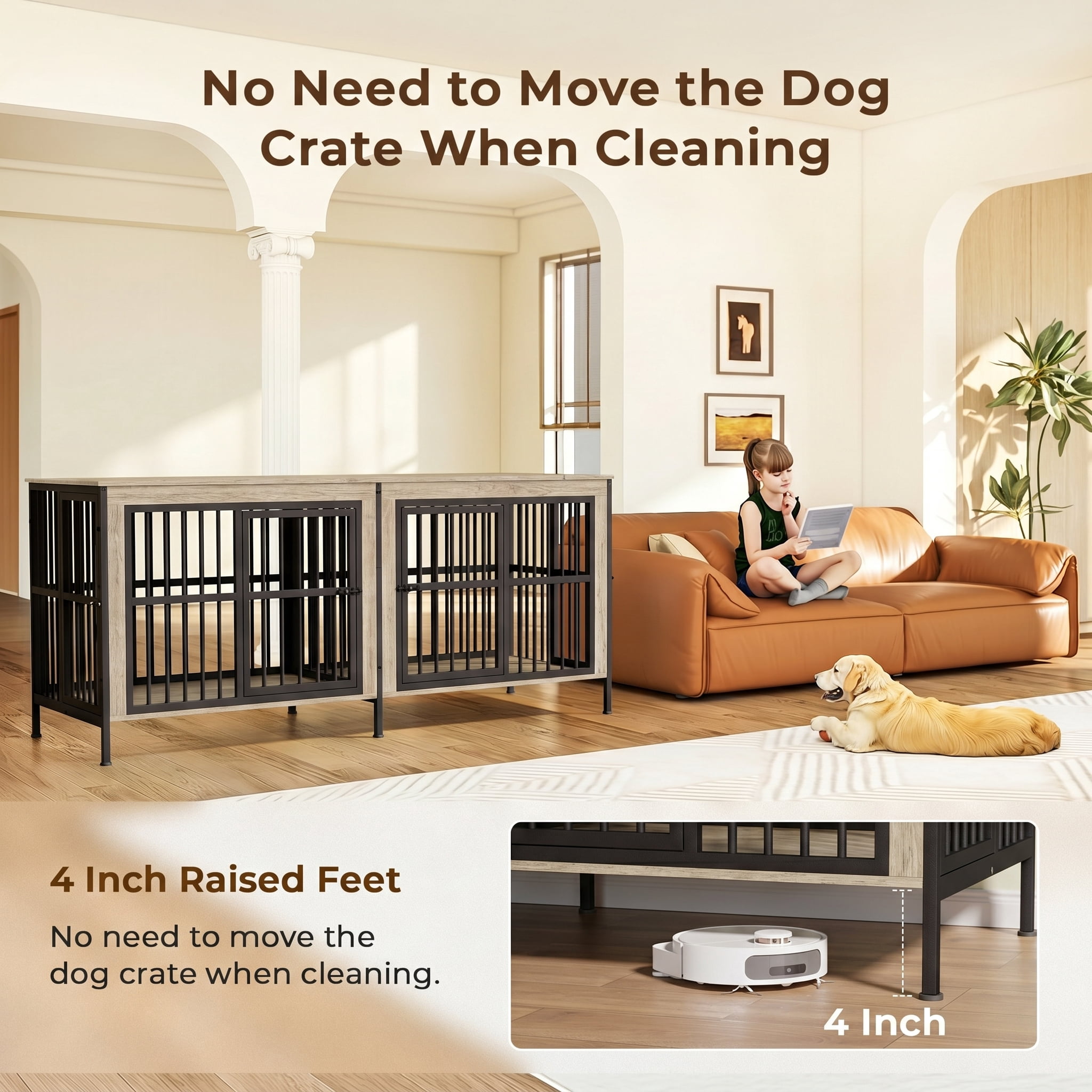 Ironovahome 88" Dog Crate Furniture for 2 Large Dogs with Sturdy Removable Divider and Double Doors, XXL Extra Large Indoor Dog Kennel, Thick Heavy Duty Wooden Dog Cage, Ivory