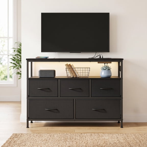 LEDREM Dresser with Charging Station and LED Lights, 5 Drawers Storage Cabinet, 38.9 x 11.8 x 26.8 inches, Black
