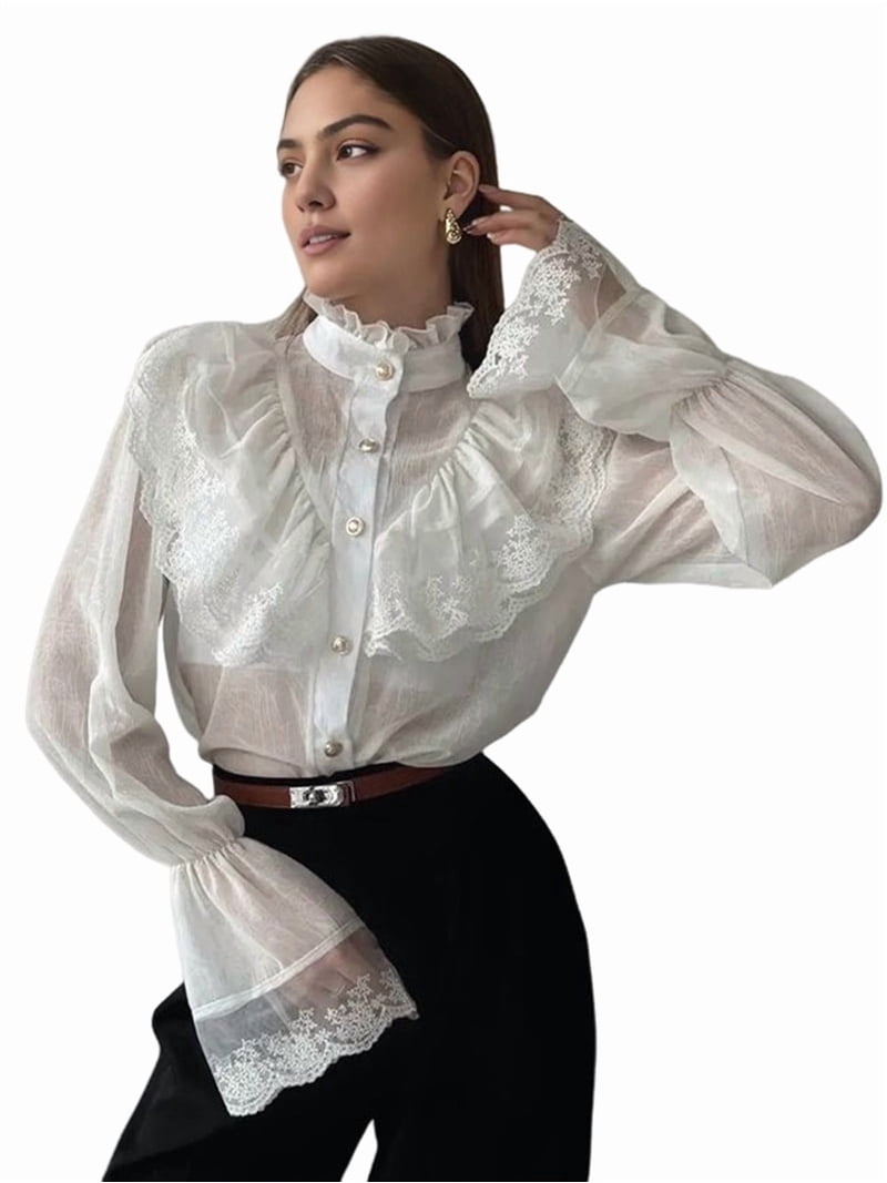 Women'S French Palace Style Stand Collar Chiffon Blouse with