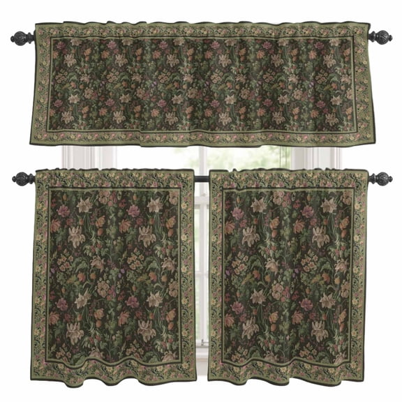Sage Green Floral Boho Kitchen Curtains Sets for Windows 36 Inch Length, Ethnic Tribe Abstract Art Flower Rod Pocket Window Treatments Tier Curtains and Valances Set for Bedroom/Bathroom