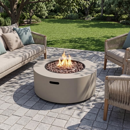 Christopher Knight Home 32" Round Iron Propane Fire Pit, 40,000 BTU with Smokeless Flame, Light Gray