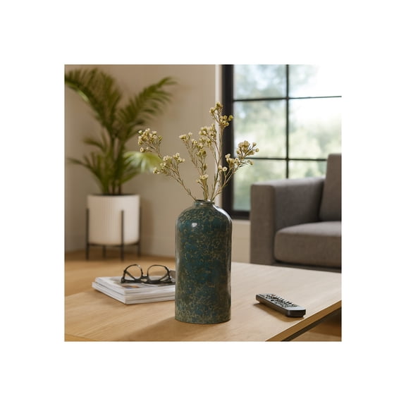 Sagebrook Home Tall Glazed Pottery Vase for Living Room Decor - Home Accent for Bedroom, Office, and Kitchen Display - 14", Blue & Brown