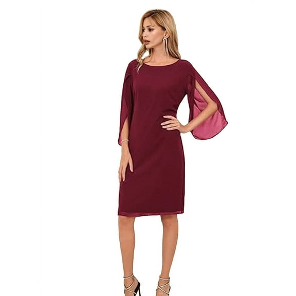 Womens Chiffon Dresses Flutter Sleeve Party Wedding Cocktail Dress Wine Red M