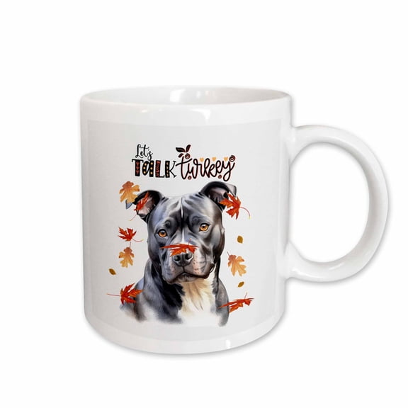 3drose, Funny Thanksgiving Talk Turkey Gray Pit Bull Dog with Autumn Leaves, 15oz Mug