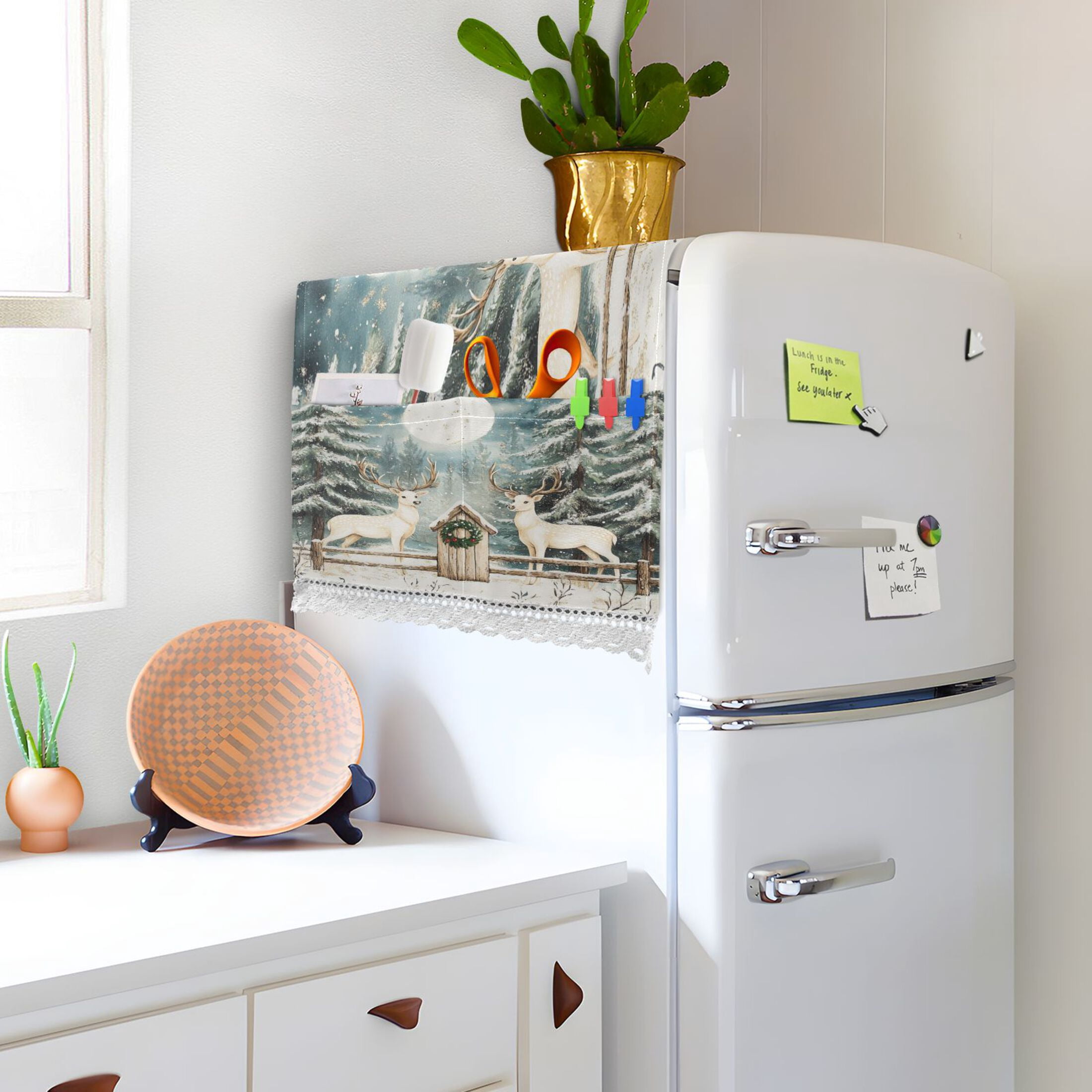 White Reindeer and SnowWasher and Dryer Covers Dust-Proof and Oil Resistant Fridge Cover with 4 Storage Pockets Washing Machine Top Cover for Laundry Kitchen Home 51.2 x 22 In