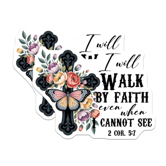 (2 Pack) Christian Stickers - Religious Scripture Verse - Floral Cross Butterfly Decal - 5" On Longest Side - Sticks to Smooth Flat Surfaces - Made in USA - BMCS14848