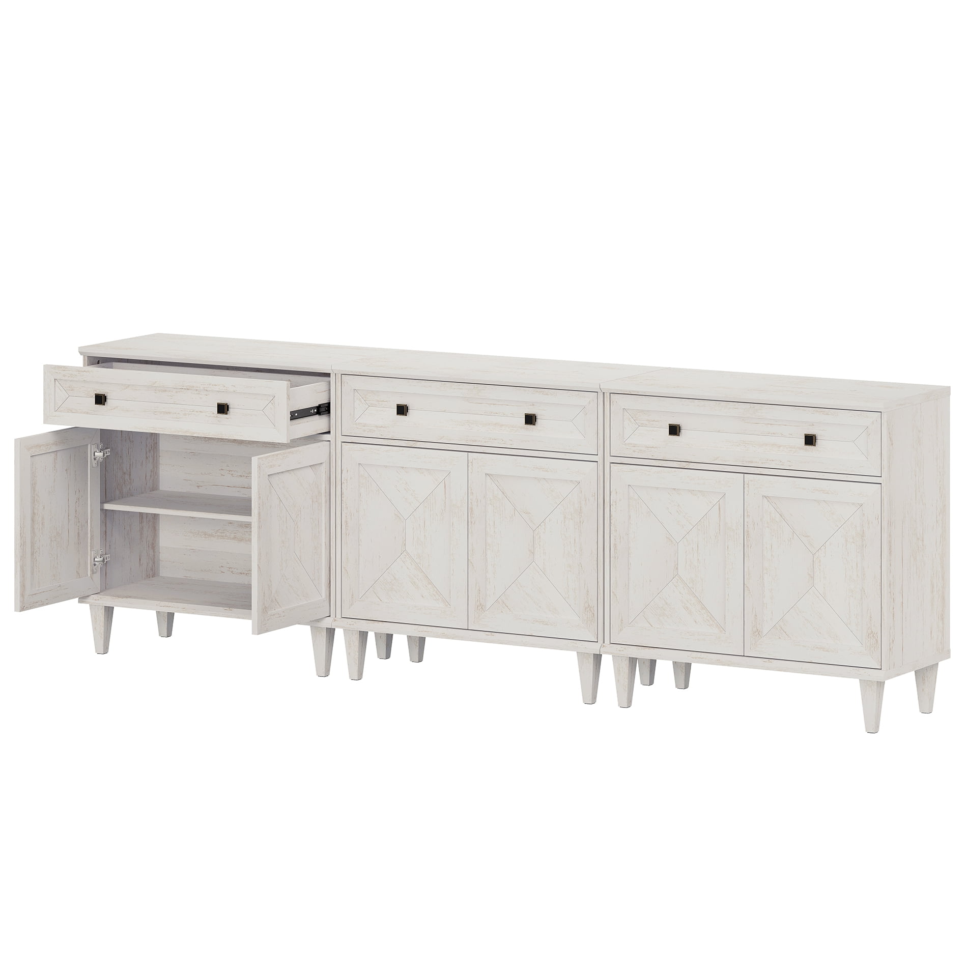 WAMPAT Handmade Patchwork 94.5" TV Stand with Cabinet, Fits up to 100" TV, White