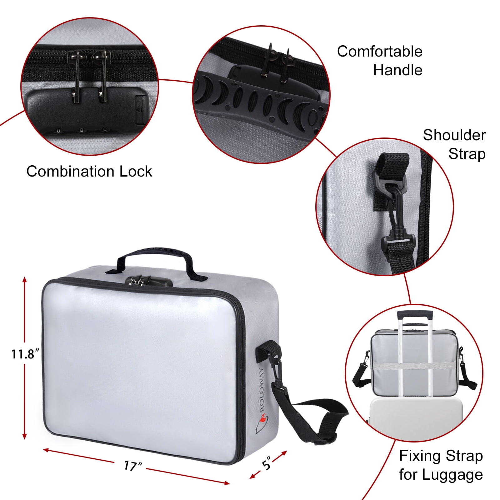 ROLOWAY Fireproof Document Bag (17 x 11.8 x 5 inch) with Lock, Fireproof Document Safe Organizer, Fireproof File Storage Bag, Fireproof Bag with Multi-Layer Portable File Organizers for Travel (Gray)
