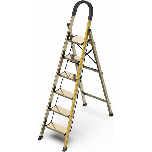 Lightweight Aluminum 6 Step Ladder for 12 Feet High Ceiling, Folding Step Stool Stepladders with Anti-Slip and Wide Pedal for Home and Kitchen Use Space Saving (Brown Gold)