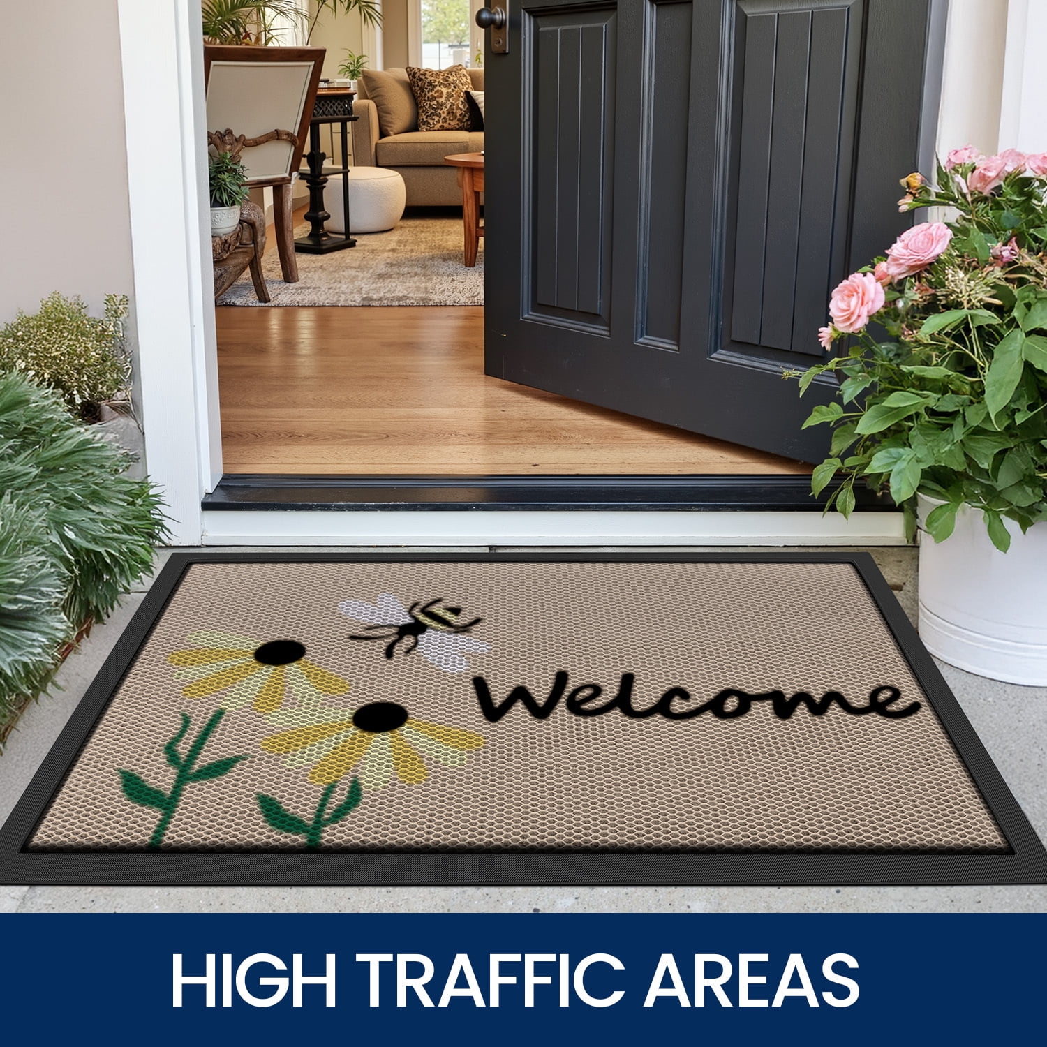 PABUBE Outdoor Doormat, Heavy Duty Non-Slip Summer Froral Welcome Mat, Low Pile & Dirt Trapper Front Door Mat Outside, Bee and Flower Patio Outdoor Mat for Front Doors, 32" x 48"