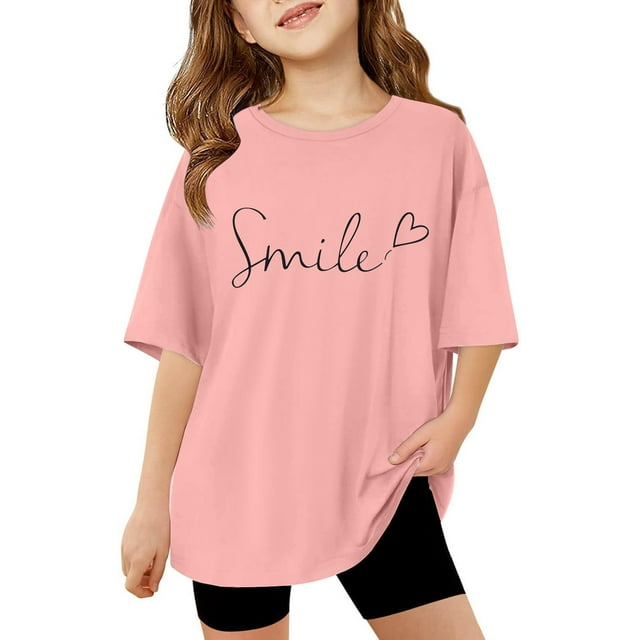 SXcggal One Enfants Filles Lettre Imprimée T-Shirts Manches Courtes Enfants Tops Surdimensionnés Décontractés Col Rond Basiques Mignons Confortables Beaux Tops Filles