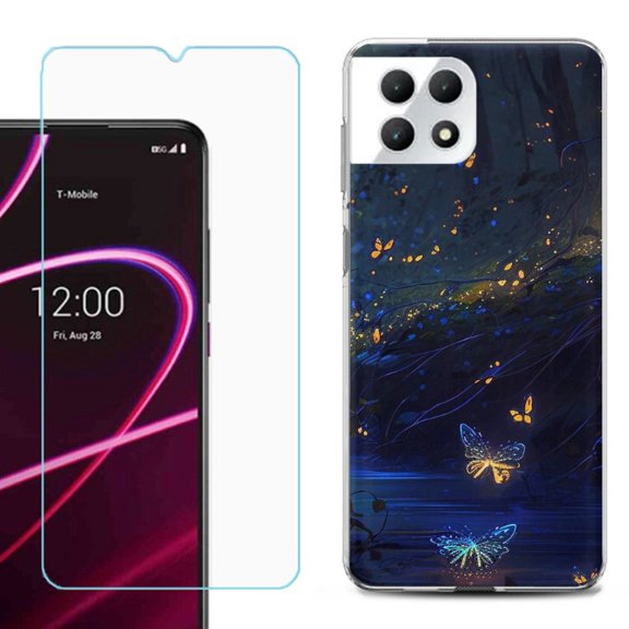 Phone Case for T-Mobile Revvl 7 5G, Shockproof Case Cover with Tempered Glass Screen Protector, by OneToughShield - Fireflies Butterfly