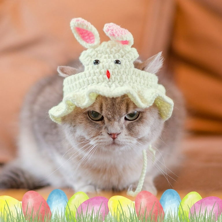 Cat Easter Hat, Adorable Costume Bunny Hat, Handmade Knitted Pet Cap Soft Wool, Durable Kitten Headwear Outfit for Easter Party Decoration