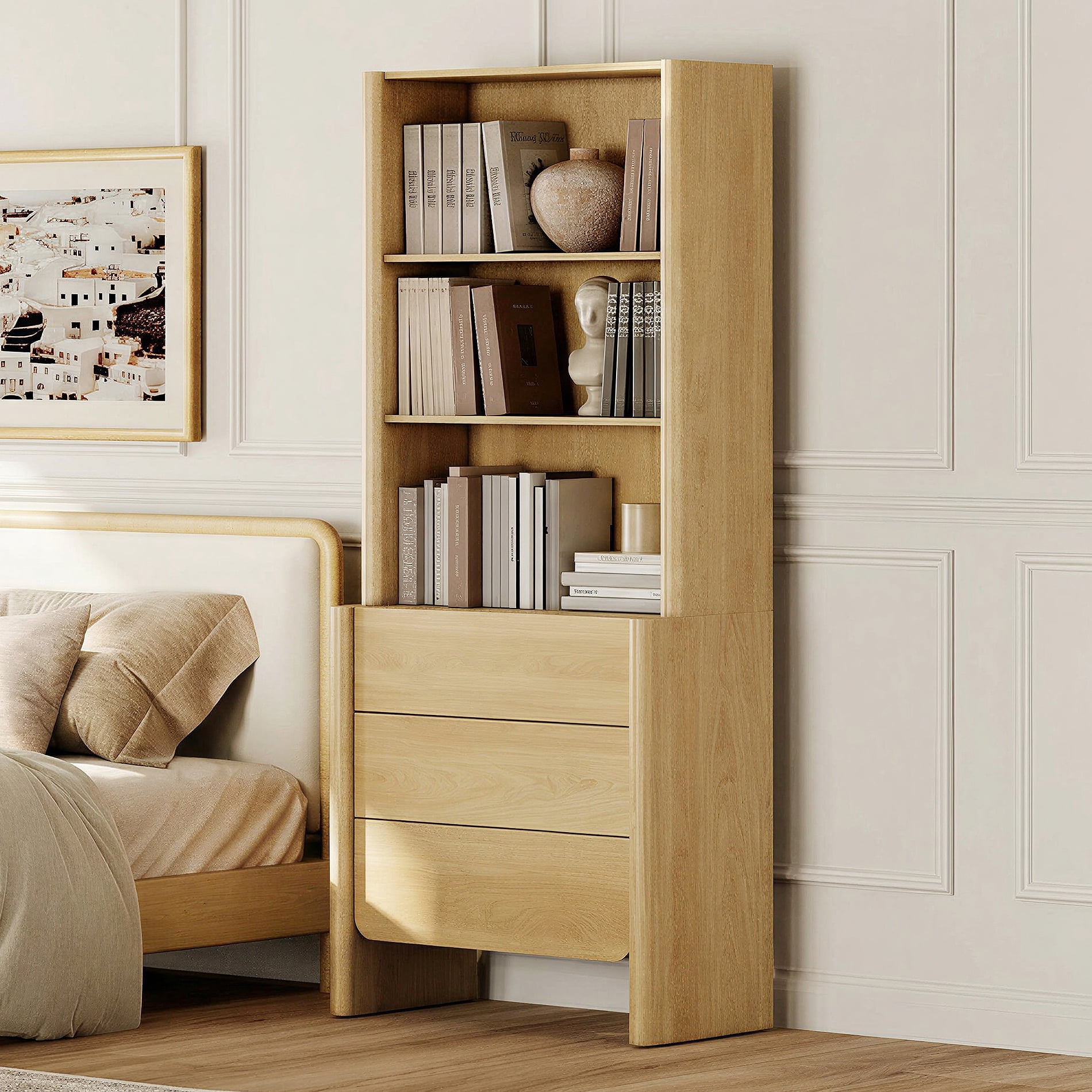 31.5-Inch Modern French Bookcase with Curved Edges, 3 Drawers and Open Shelves, 72.8" Tall, Oak