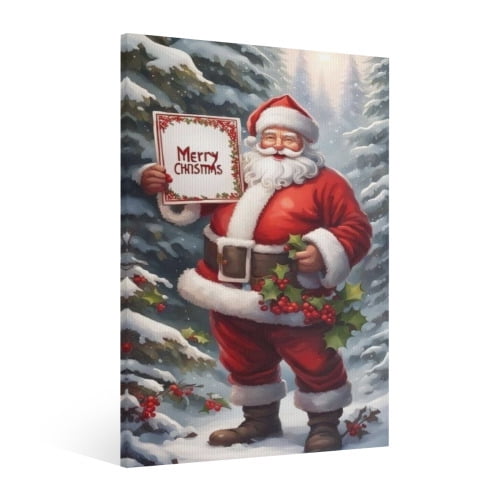 Vintage Christmas Santa Claus' holiday greetings Wall Art Paint Framed - Retro Xmas Festive Winter Holiday Christmas Wall Decor Canvas Print for Living Room Kitchen Bathroom Home Bedroom Decor