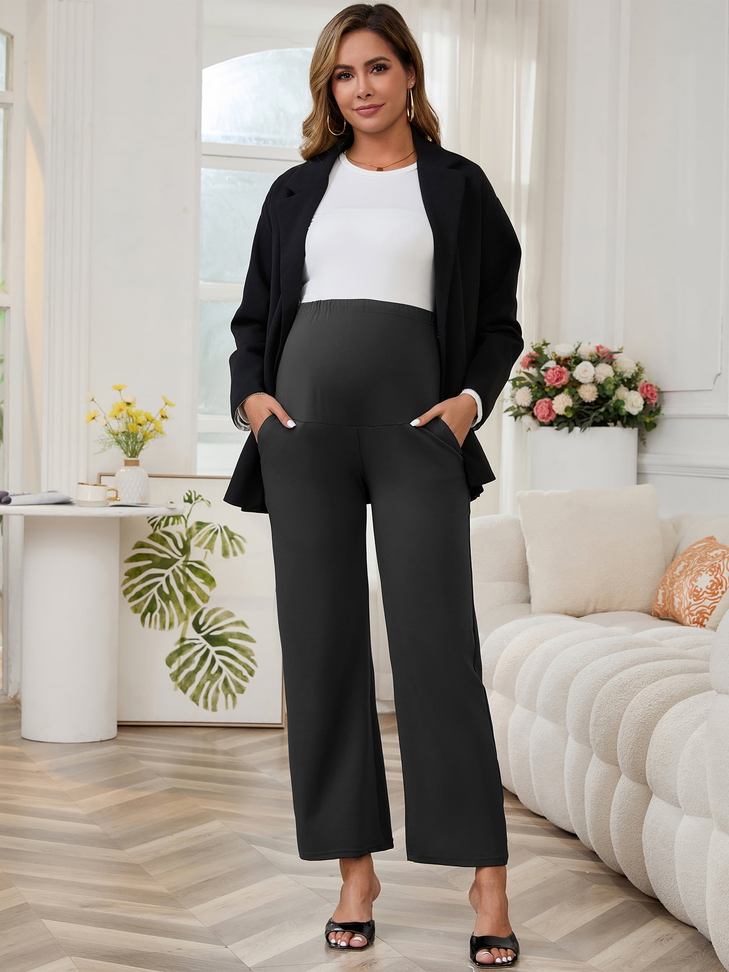 DARING DIVA Women's Wide Leg Over Belly Elastic Maternity Pants L Black