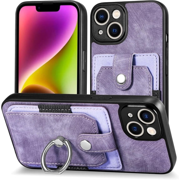 Retro Durable Leather Phone Case for iPhone X XS XR Max 7 8 6 S Plus Adjustable Finger Ring Holder Card Slots Lens Protector Back Cover(Purple,X/XS)
