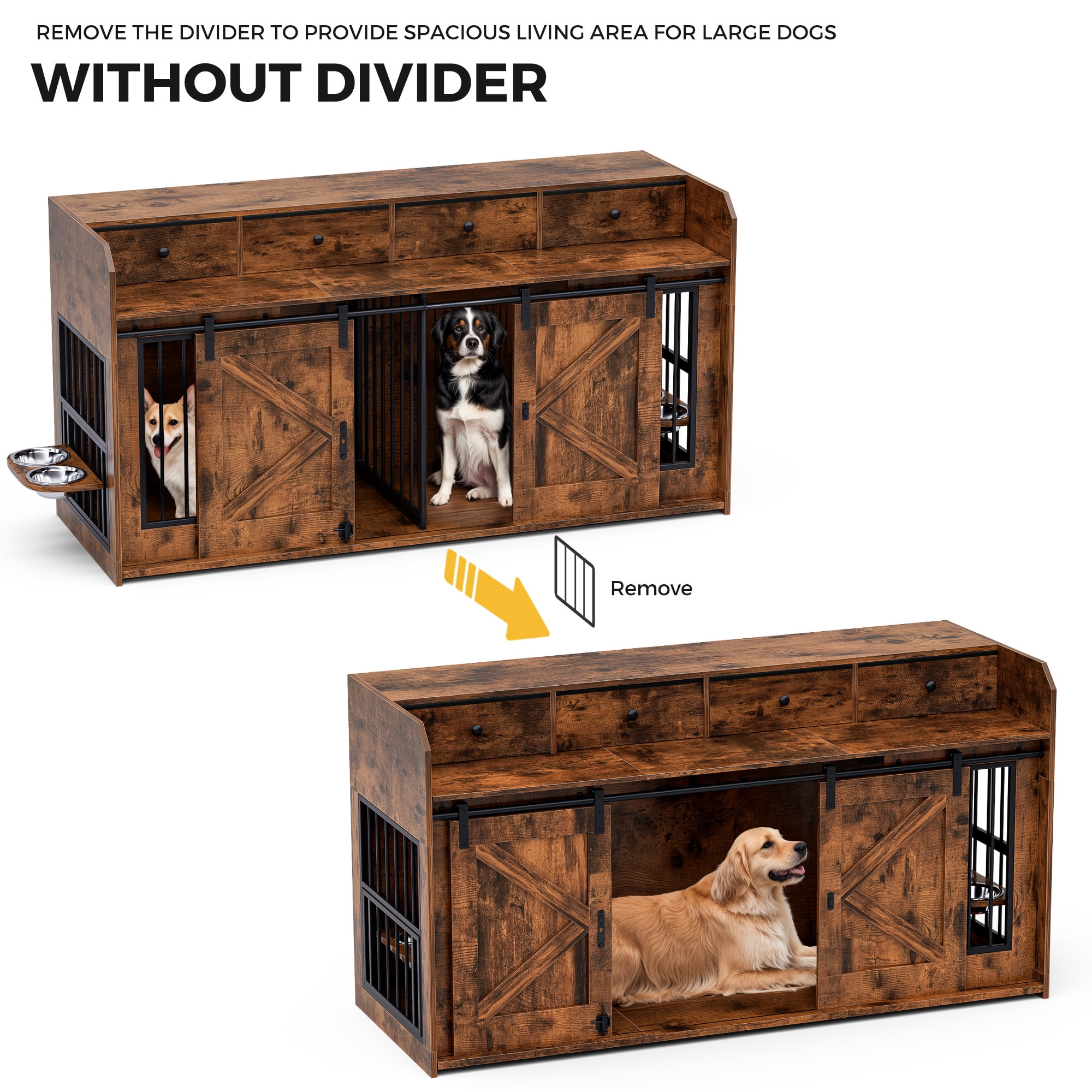 Advwin 63" Wooden Double Dog Crate Furniture with Drawers, Divider, Sliding Doors and Dual Feeding Stations, TV Stand Dog Kennel for 2 Small/Medium Dogs, Rustic Brown