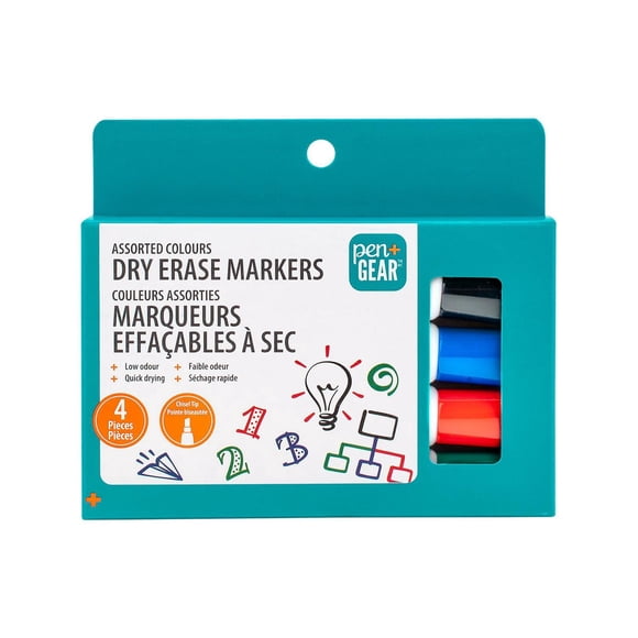 Marqueurs effaçables à sec Pen+Gear, pointe biseautée, couleurs d'encre assorties, lot de 4