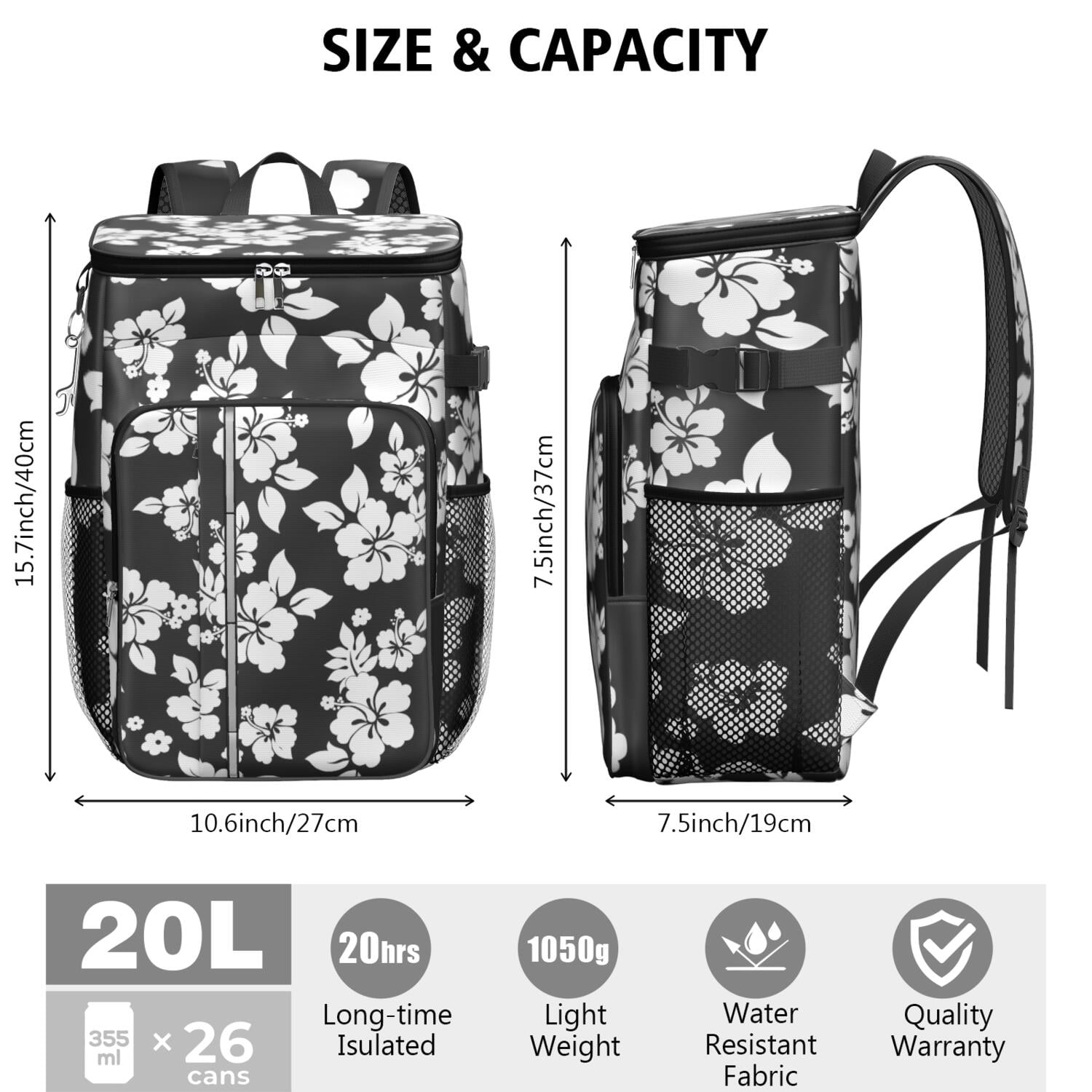Travel Cooler Bag - Pioneer Flower Floral Print Pattern Camping Beer Cooler Backpack with Bottle Opener- Waterproof Insulated Picnic Backpacks - Cooler Bag for Beach
