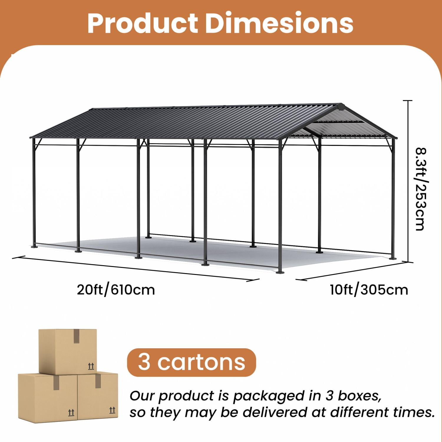 VENTOPYR 10' x 20' Outdoor Heavy Duty Carport with Galvanized Steel Roof for Car, Boat, Truck,Black