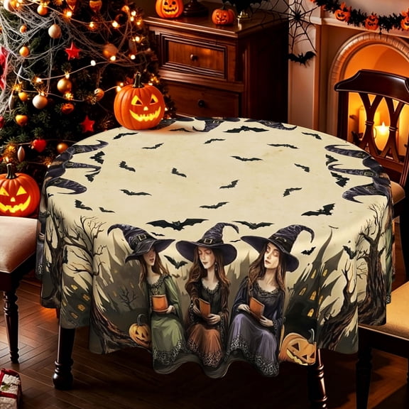 Vintage Halloween Three Witches Bats Jack-O'-Lantern 2D Print Round Tablecloth, Spooky Themed Table Cover for Kitchen Dining Patio, Holiday Gathering Decor