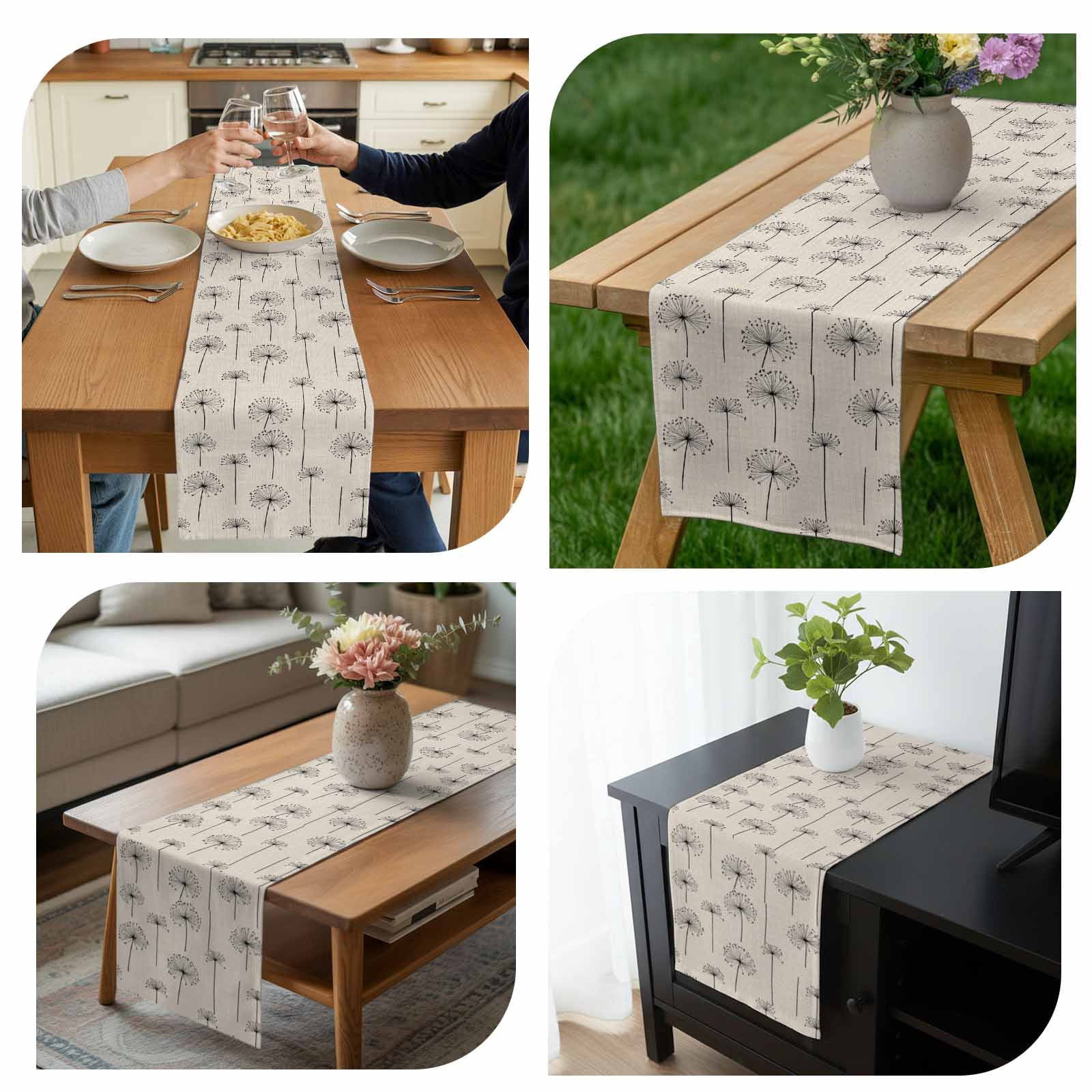 Spring Dandelion Cotton Linen Table Runner Vintage Abstract Black Dandelion Wildflower Linen Dining Table Runners for Home Decor Party Dining Room Restaurant Kitchen 13" x 120"