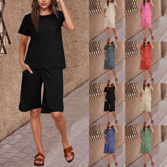 Ihhxva Women's Cotton Linen Lounge Set with Pockets Casual Relaxed Short Sleeve Shorts Summer Vacation Loungewear Two Piece Soft Breathable Loose Fit S-2XL