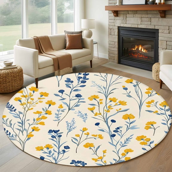 Blue Yellow Spring Floral Round Rug 5ft Washable Circle Kitchen Rugs Non Slip Summer Blooms Botanicals Large Area Rug Indoor Floor Carpet for Bedroom Living Room Home Office Dining Room Nursery