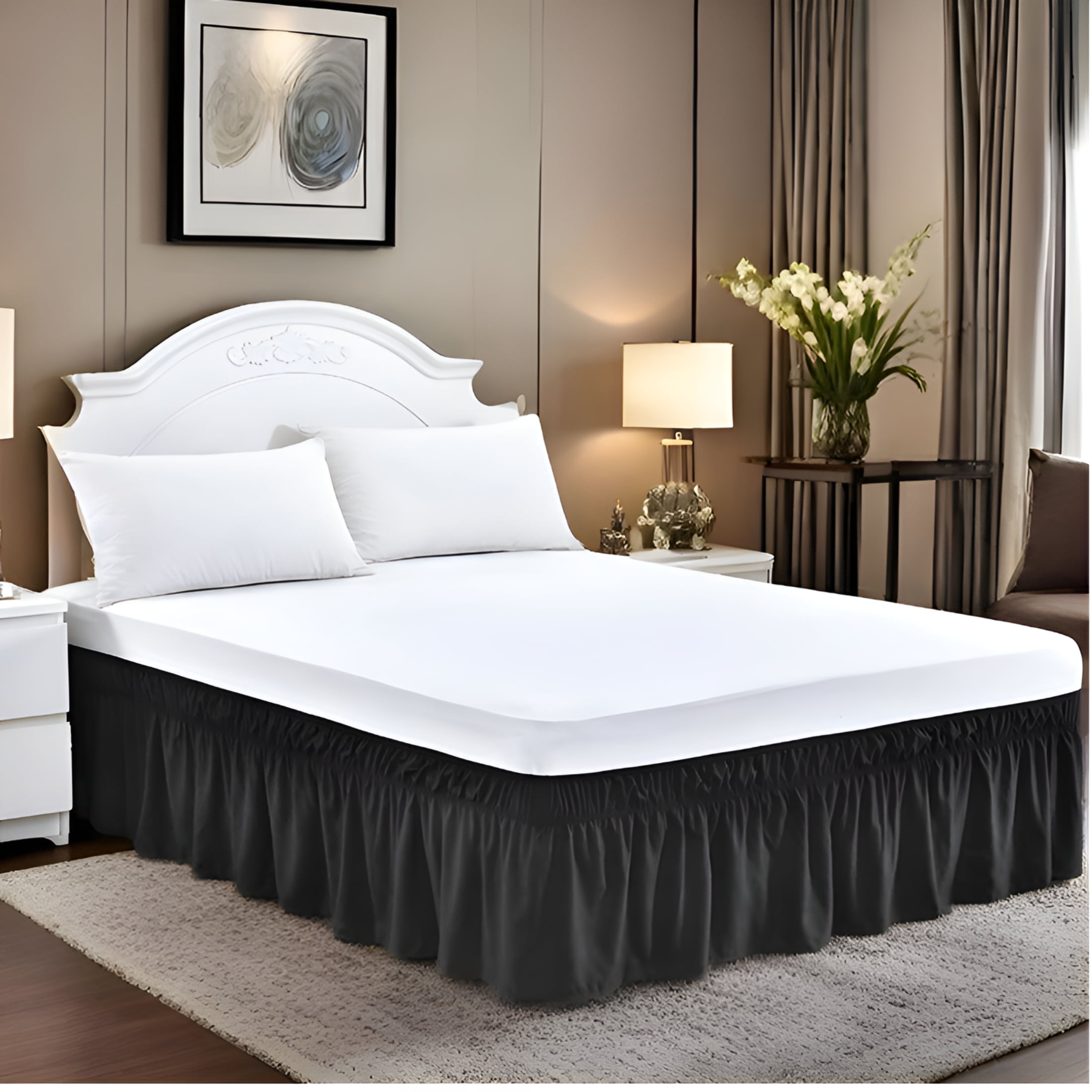AUQ 100% Egyptian Cotton 800 Thread Count Dust Ruffle Bed Skirt, 18" Inch Drop Length Ruffle Bed Skirt, Queen Size (60" X 80") Inch, Black Solid