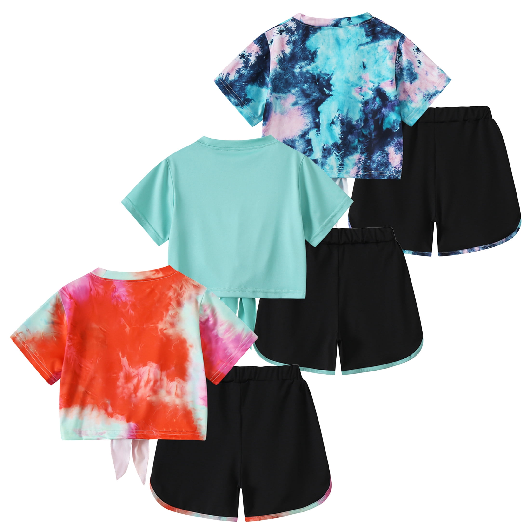 Jolyshlid Girls Summer Outfits 6 Piece Set Tie Dye Heart Print Short Sleeve Tops and Shorts Set Casual Clothing for Kids,Red Light Green Blue,5-6 Years