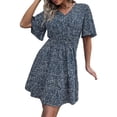 thumbnail image 1 of Vestido estampado cintura adelgazante cuello en V manga acampanada dobladillo casual vestido de una pieza para dama, 1 of 6