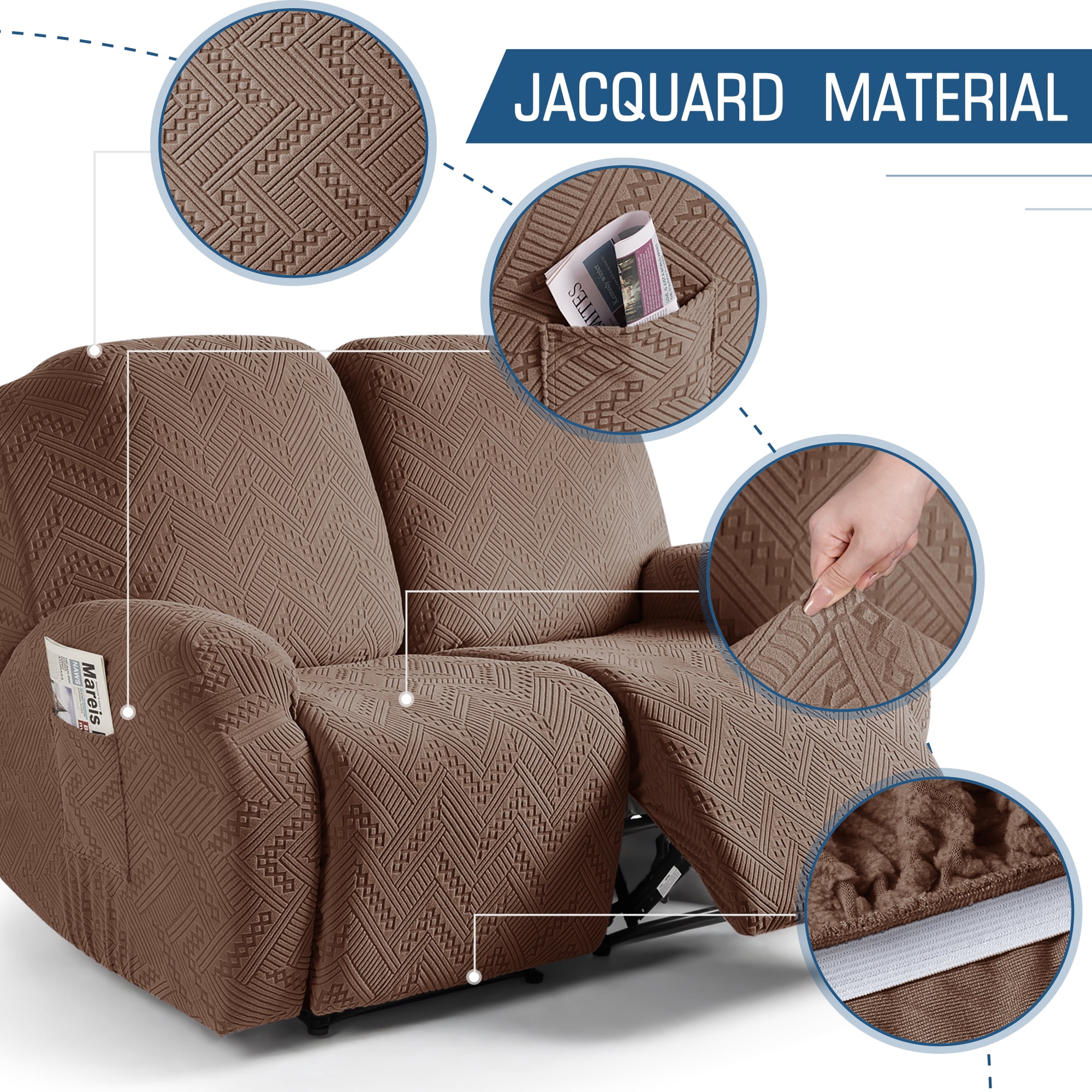 TAOCOCO Recliner Sofa Covers Stretch Reclining Couch Covers 3 Piece Separate Sofa Slipcover with Pockets, Brown