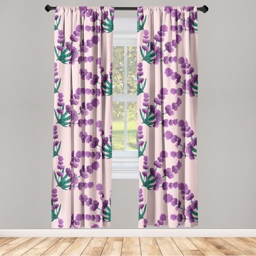 Lavender Pattern Window Curtains, Watercolor Romantic Botany Artwork with Floral Boho and Leaves, Lightweight Decor 2-Panel Set with Rod Pocket, Pair of - 28"x84", Jade Green and Purple, by Ambesonne