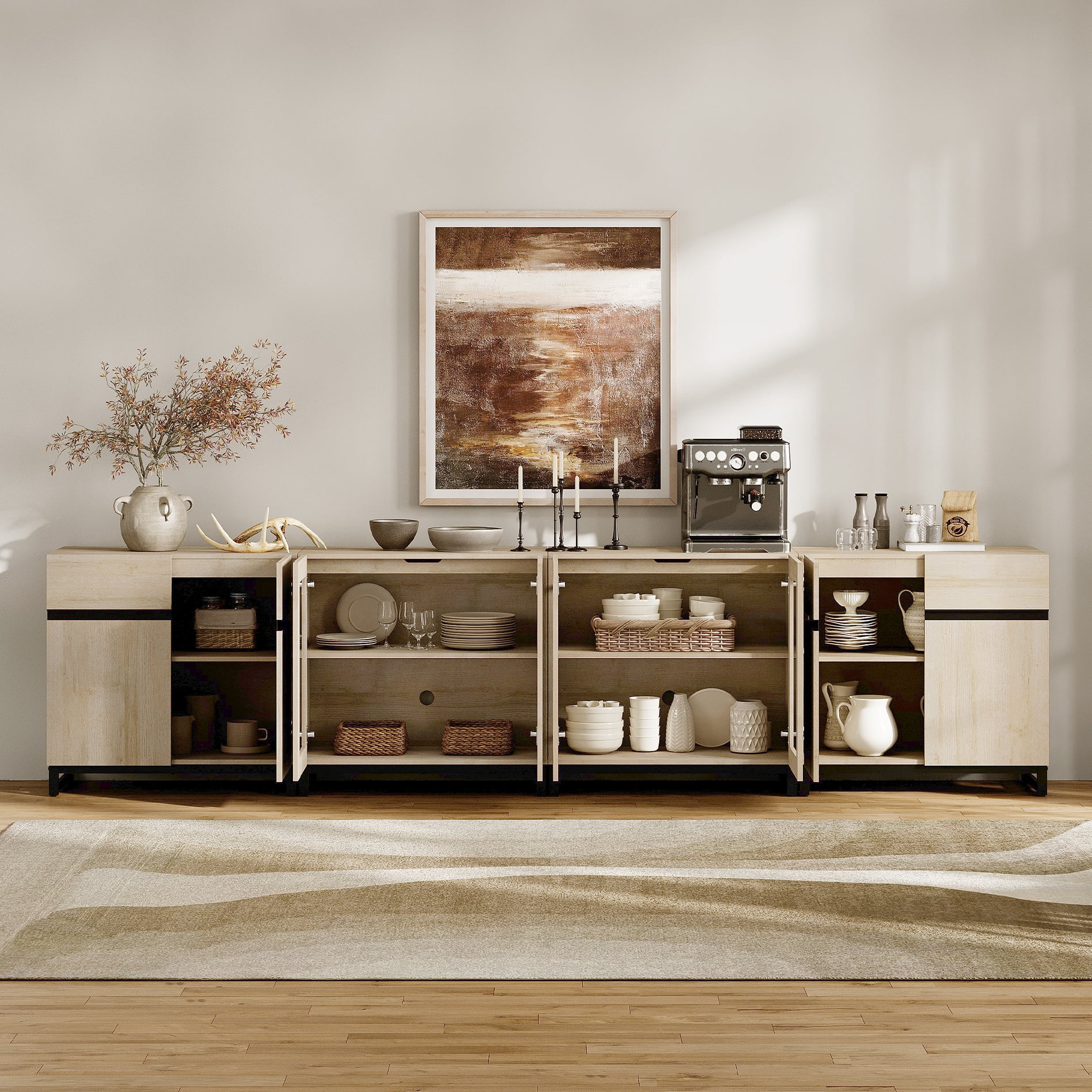4 In 1 Multifunctional Dresser with Glass Doors & 2 Drawers, Modern Storage Chest with Adjustable Shelf, Closet Organizer Storage Cabinet for Bedroom Home Use,Beige