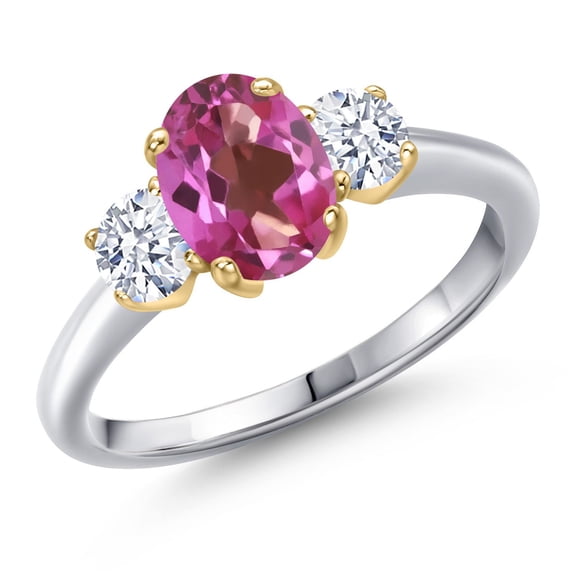 Gem Stone King 925 Silver and 10K Yellow Gold Pink Mystic Topaz and White Zirconia Engagement Ring for Women | 1.80 Cttw | Oval 8X6MM | Gemstone November Birthstone | Size 9
