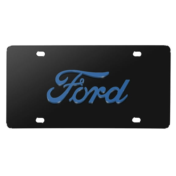 Ford 3D Script Logo in Blue on Black Stainless Steel License Plate