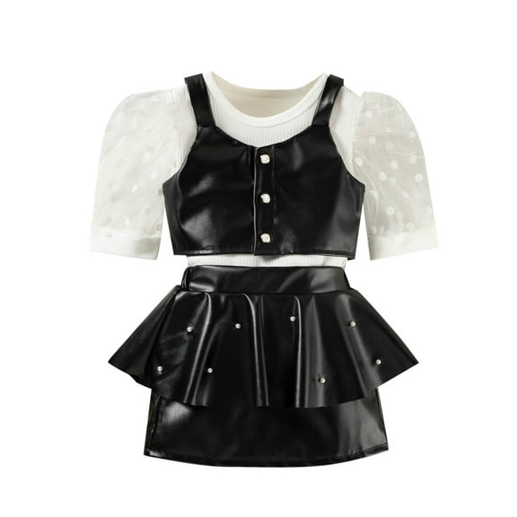 AUNVITO Girls 3-Piece Set PU Leather Vest Beaded Tiered Dress Mesh Sleeveless Top Party Outfit