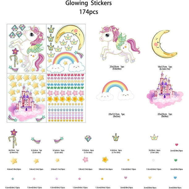 Glow in The Dark Stars and Unicorn Wall Decals, Glowing Castle Moon and  Rainbow Stickers, 174 pcs Luminous Ceiling Decor for Kids Bedroom, Great  Wall