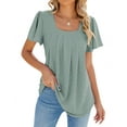 thumbnail image 3 of Hibeli Women Square Neck Pleated Short Sleeve Curved Hem Solid Color Pullover Top, 3 of 7