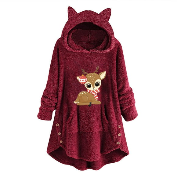 Virmaxy Christmas Sherpa Hoodies Fleece Sweatshirts for Women Elk Printed Fuzzy Fleece Plush Cat Ear Hoodies Long Sleeve Sweaters Pullover Fall Winter Outwear with Pocket Burgundy-A S