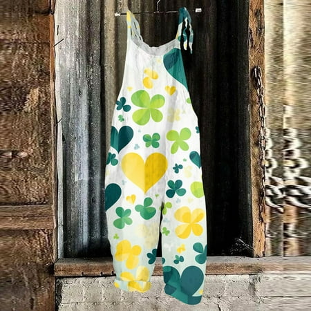 Bodysuit for Women  Casual Outfits for Women  Women s Jumpsuits  Rompers & Overalls  Womens Jumpsuits  Women s Jumpsuit St. Patrick Print Casual Loose Vintage Cotton And Linen Overalls  Royal Blue