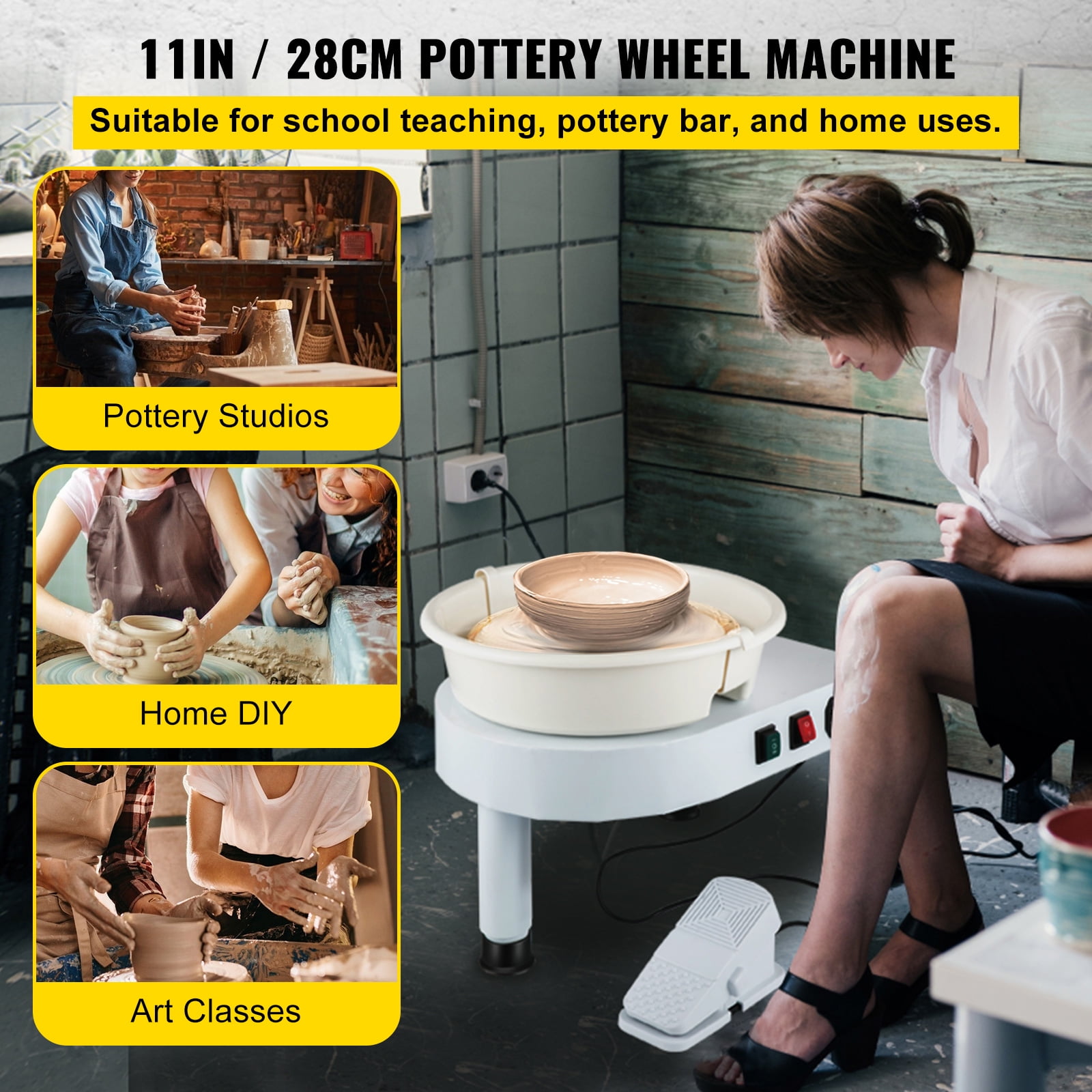 KFFKFF 11in Pottery Wheel with Adjustable Speed, 0-7.8in Lift Leg, Foot Pedal, Detachable Basin, and Sculpting Tool Kit for DIY Art and Craft Projects