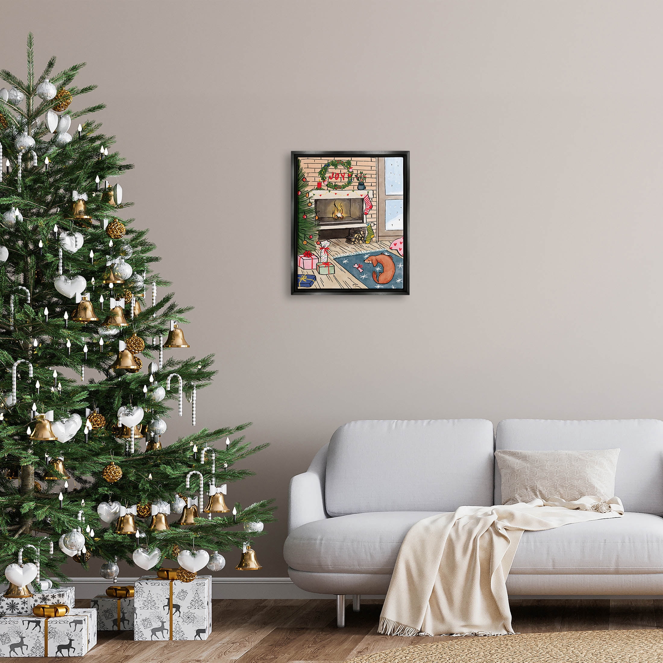 Cozy Christmas Fireplace Tree Holiday Graphic Art Jet Black Framed Art Print Wall Art