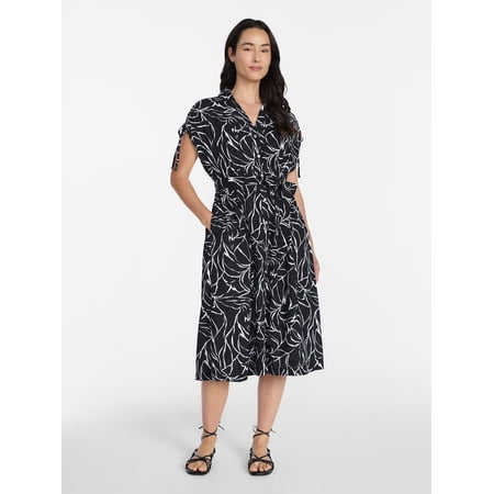 Time and Tru Women's Short Sleeve Midi Linen Shirt Dress, Sizes XS-XXXL