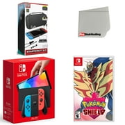 Nintendo Switch OLED Console Neon Red & Blue with Pokemon Shield, Accessory Starter Kit and Screen Cleaning Cloth Bundle