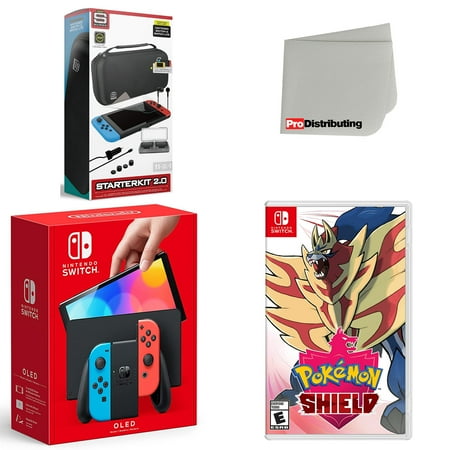 Nintendo Switch OLED Console Neon Red & Blue with Pokemon Shield, Accessory Starter Kit and Screen Cleaning Cloth Bundle